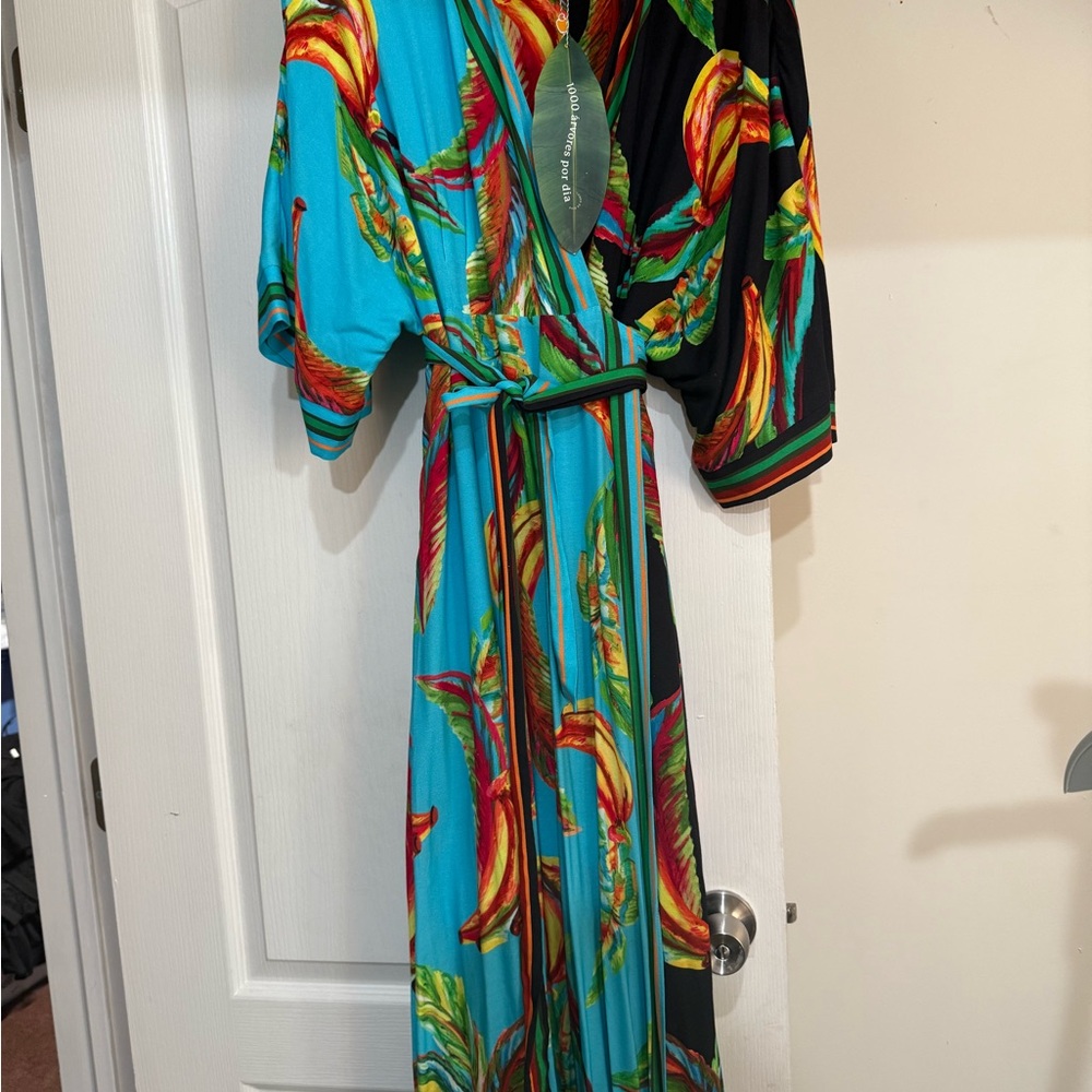 FARM Rio Asymmetrical Dress in Blue and Black with Tropical Accents